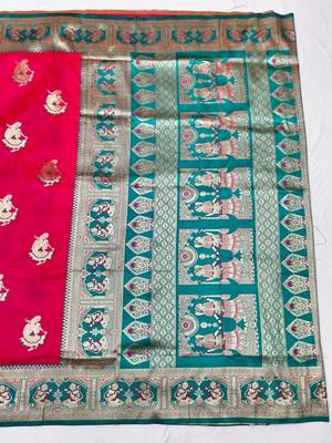 Pink zari woven baluchari silk traditional saree with blouse piece 1