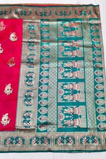 Pink zari woven baluchari silk traditional saree with blouse piece
