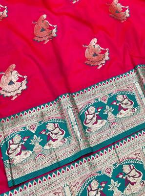 Pink zari woven baluchari silk traditional saree with blouse piece 2