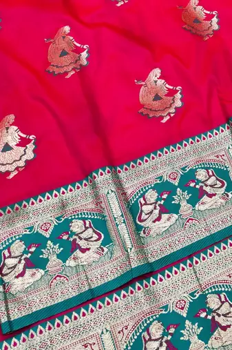 Pink zari woven baluchari silk traditional saree with blouse piece