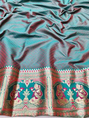 Pink zari woven baluchari silk traditional saree with blouse piece 3