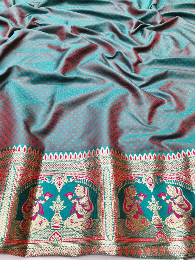 Pink zari woven baluchari silk traditional saree with blouse piece