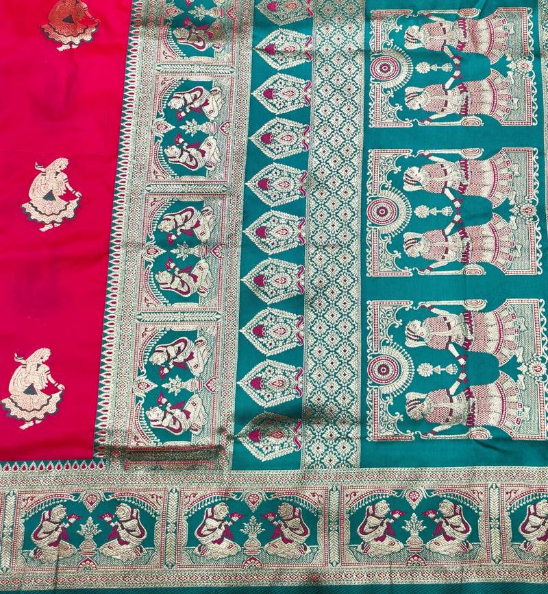 Pink zari woven baluchari silk traditional saree with blouse piece