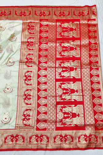 Cream zari woven baluchari silk traditional saree with blouse piece