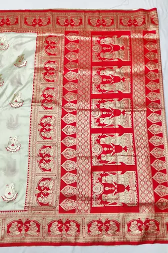Cream zari woven baluchari silk traditional saree with blouse piece