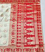 Cream zari woven baluchari silk traditional saree with blouse piece