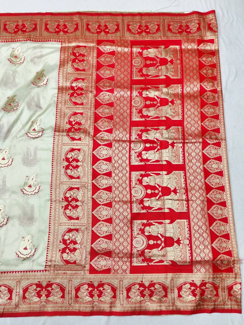 Cream zari woven baluchari silk traditional saree with blouse piece