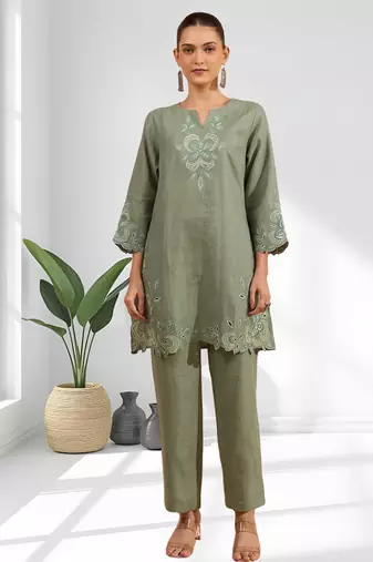 Women's linen pista green embroidered short kurta with pant