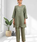 Women's linen pista green embroidered short kurta with pant