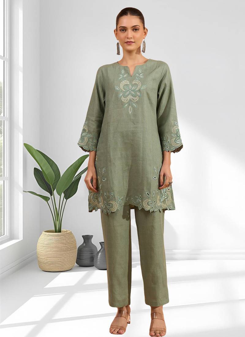 Women's linen pista green embroidered short kurta with pant