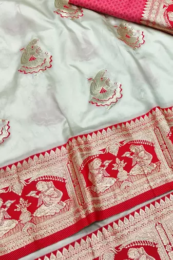Cream zari woven baluchari silk traditional saree with blouse piece
