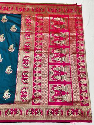 Navy blue zari woven baluchari silk traditional saree with blouse piece 1