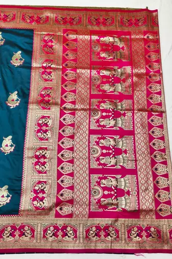 Navy blue zari woven baluchari silk traditional saree with blouse piece