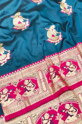 Navy blue zari woven baluchari silk traditional saree with blouse piece
