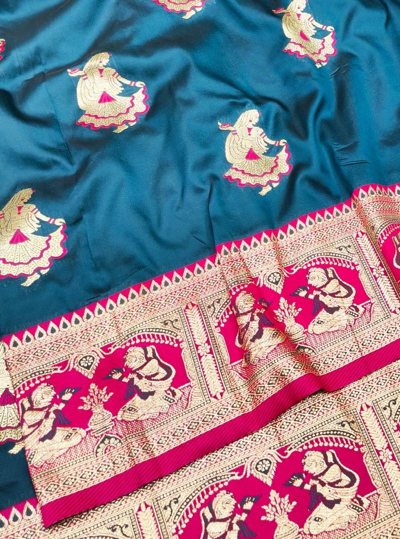 Navy blue zari woven baluchari silk traditional saree with blouse piece
