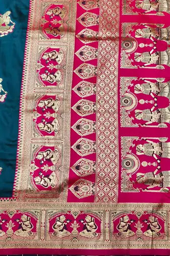 Navy blue zari woven baluchari silk traditional saree with blouse piece