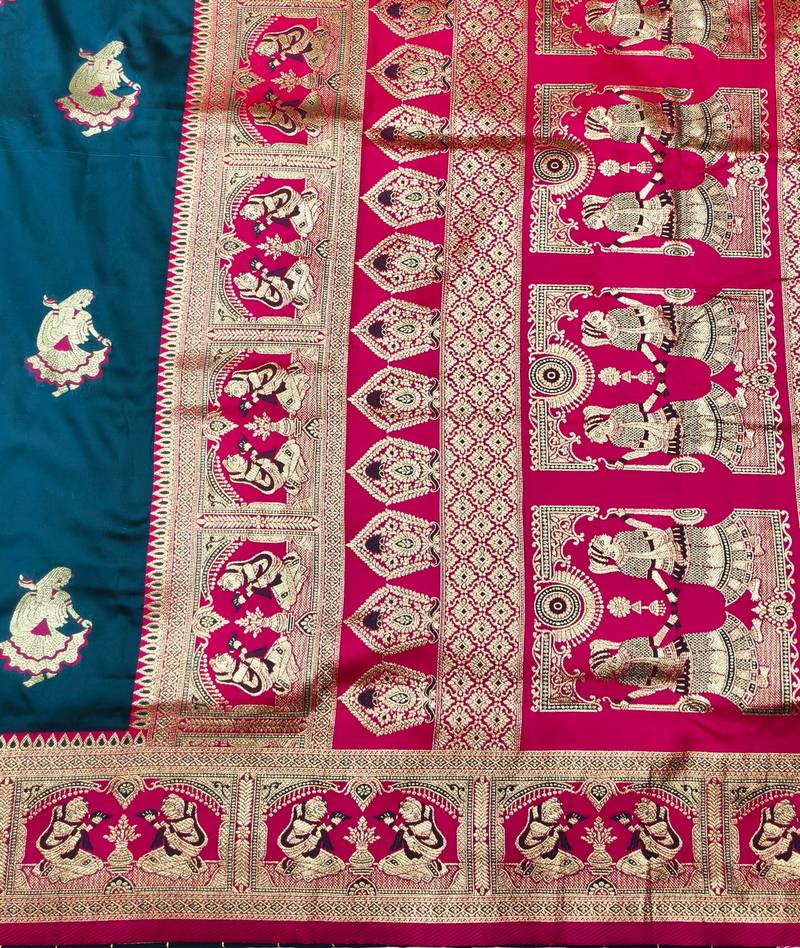 Navy blue zari woven baluchari silk traditional saree with blouse piece