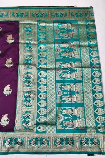 Wine zari woven baluchari silk traditional saree with blouse piece