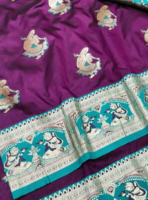 Wine zari woven baluchari silk traditional saree with blouse piece 2