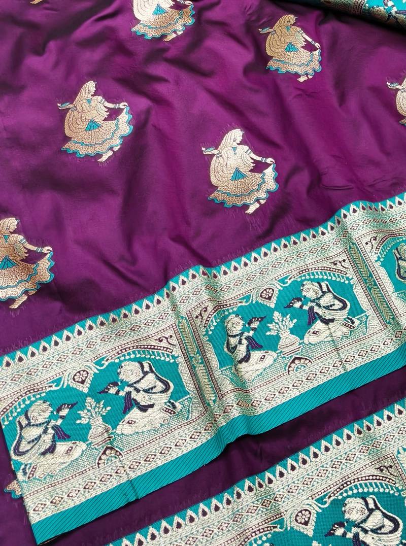 Wine zari woven baluchari silk traditional saree with blouse piece