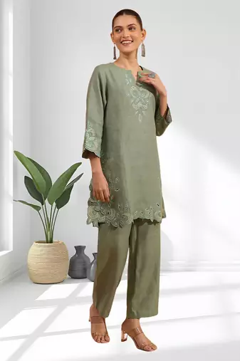 Women's linen pista green embroidered short kurta with pant