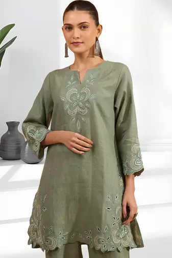 Women's linen pista green embroidered short kurta with pant