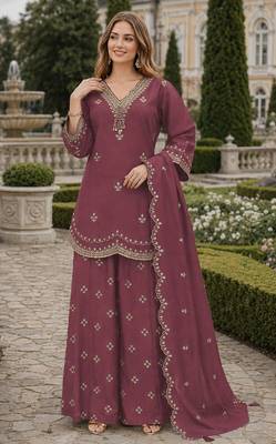 Purple roman silk stitched palazzo suit with embroidery & sequin work 1