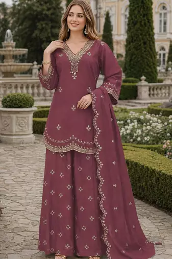 Purple roman silk stitched plazzo suit with embroidery & sequence work