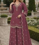 Purple roman silk stitched plazzo suit with embroidery & sequence work