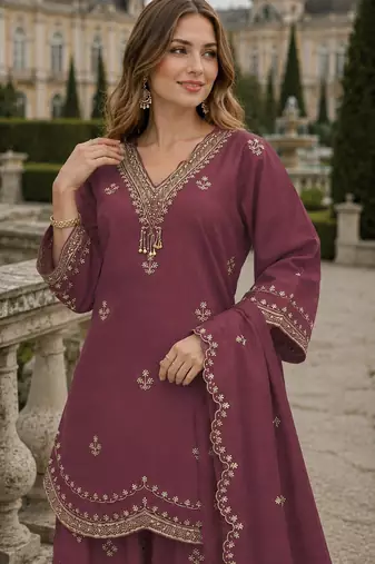 Purple roman silk stitched plazzo suit with embroidery & sequence work