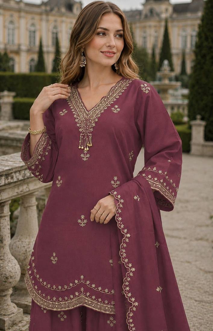 Purple roman silk stitched plazzo suit with embroidery & sequence work
