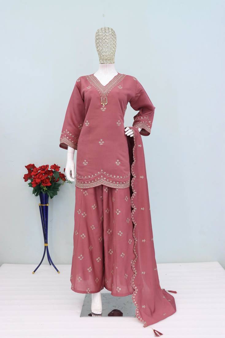 Purple roman silk stitched plazzo suit with embroidery & sequence work