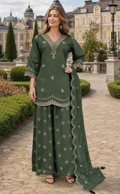 Green roman silk stitched palazzo suit with embroidery & sequin work 1