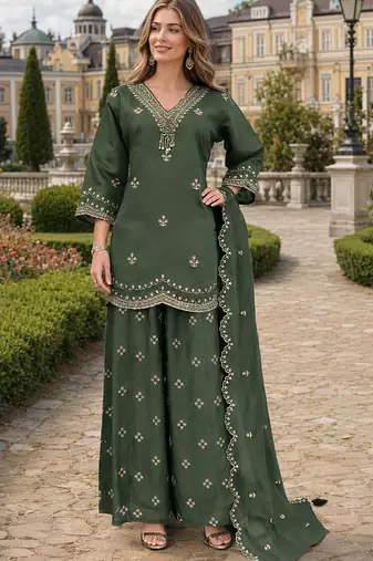 Green roman silk stitched plazzo suit with embroidery & sequence work