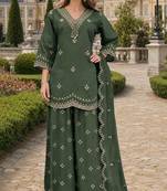 Green roman silk stitched plazzo suit with embroidery & sequence work
