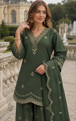 Green roman silk stitched palazzo suit with embroidery & sequin work 2