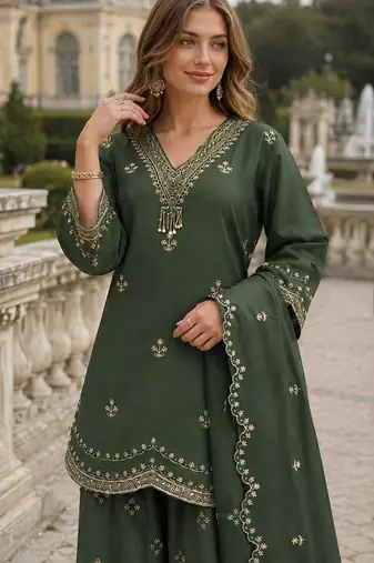 Green roman silk stitched plazzo suit with embroidery & sequence work
