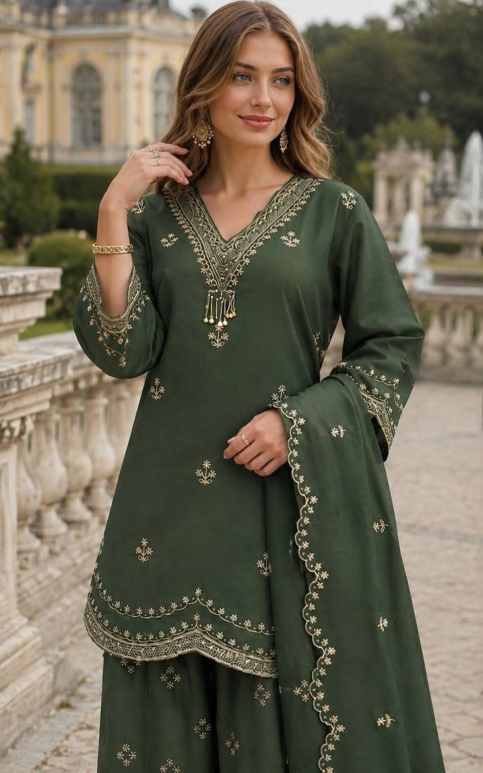 Green roman silk stitched plazzo suit with embroidery & sequence work
