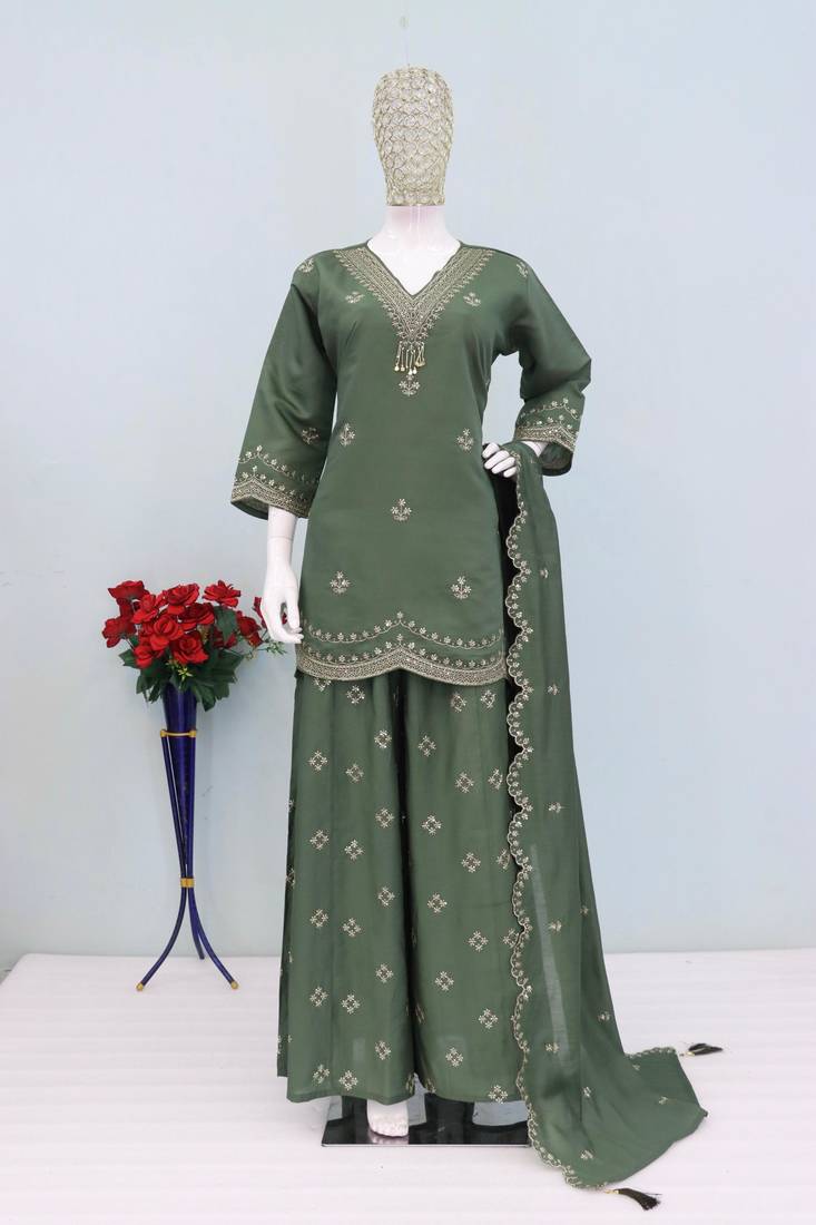 Green roman silk stitched plazzo suit with embroidery & sequence work
