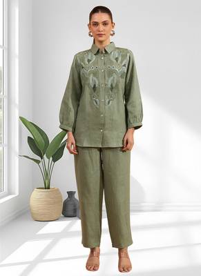 Women's linen pista green embroidered short kurta with pant 1