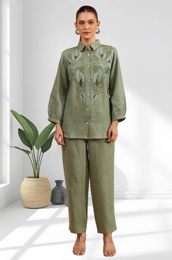 Women's linen pista green embroidered short kurta with pant