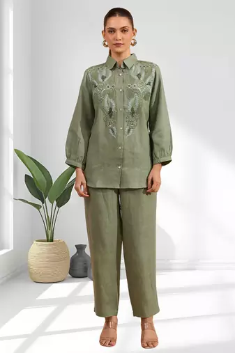 Women's linen pista green embroidered short kurta with pant