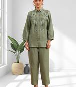Women's linen pista green embroidered short kurta with pant