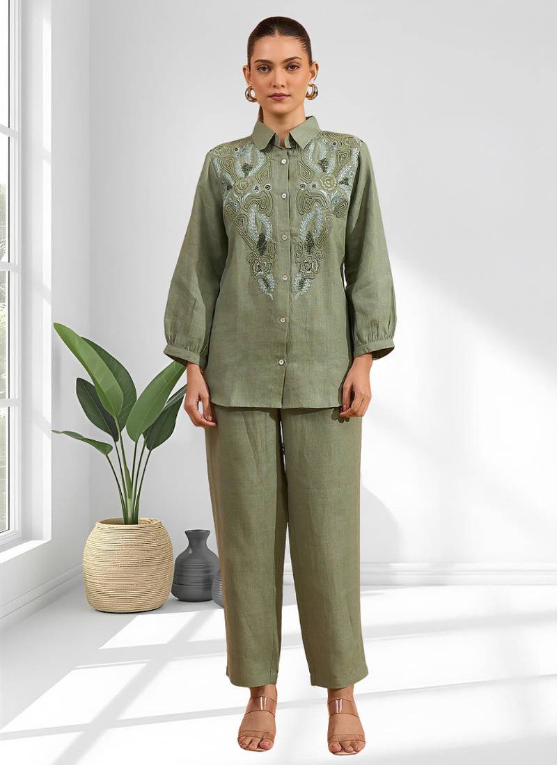 Women's linen pista green embroidered short kurta with pant
