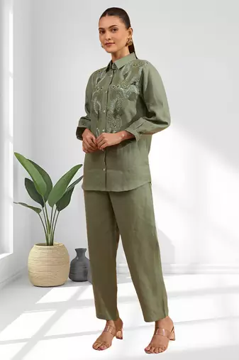 Women's linen pista green embroidered short kurta with pant