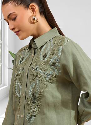 Women's linen pista green embroidered short kurta with pant 3