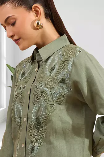 Women's linen pista green embroidered short kurta with pant