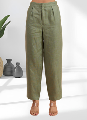 Women's linen pista green embroidered short kurta with pant 4