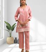Women's linen pink embroidered short kurta with pant