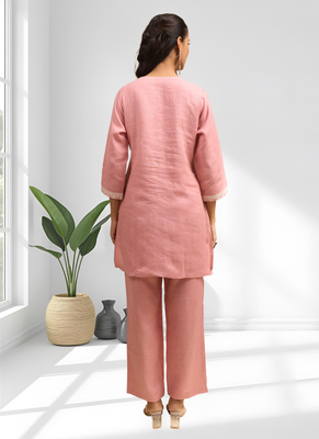 Women's linen pink embroidered short kurta with pant 2